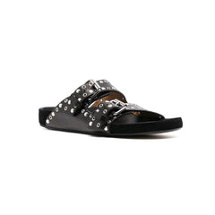 Buckled Studded Leather Flat Slippers Slides
