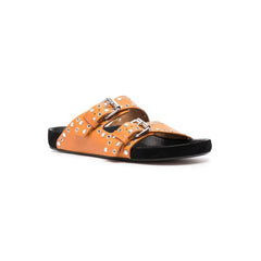 Buckled Studded Leather Flat Slippers Slides