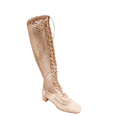 Lace Up Fishnet Suede Knee High Summer Boots