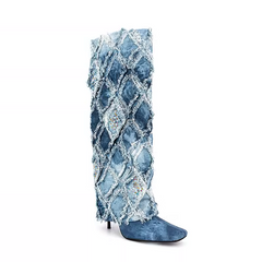 Diamante Denim Knee High Boots