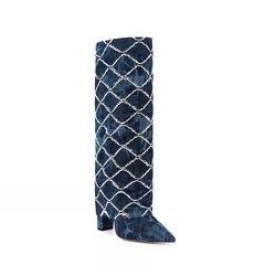 Sequinned Square Denim Knee High Boots
