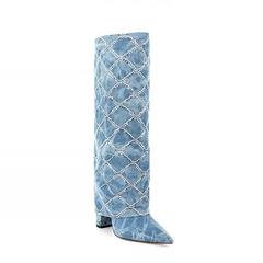 Sequinned Square Denim Knee High Boots