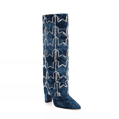 Sequinned Star Denim Knee High Boots