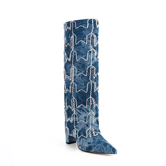 Sequinned Star Denim Knee High Boots