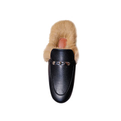 Buckled Leather And Fur Slides Slippers