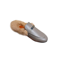 Buckled Leather And Fur Slides Slippers