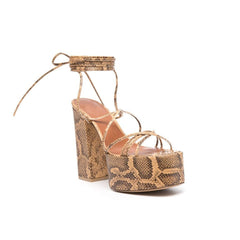 Printed Lace Up Leather High Heel Platform Sandals