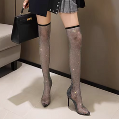Diamante Mesh Over The Knee Boots - 6cm