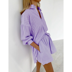 Striped Long Sleeves Shirt And Mini Shorts