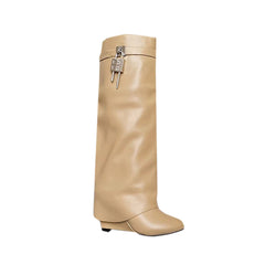 Lock Detailed Leather Wedged Heel Knee High Boots