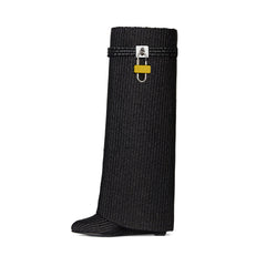 Lock Detailed Wedged Heel Knee High Boots