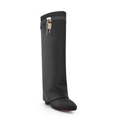 Lock Detailed Leather Wedged Heel Knee High Boots