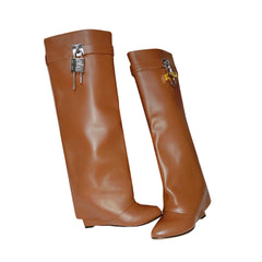 Lock Detailed Leather Wedged Heel Knee High Boots