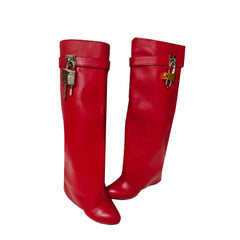 Lock Detailed Leather Wedged Heel Knee High Boots