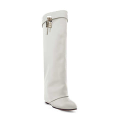 Lock Detailed Leather Wedged Heel Knee High Boots