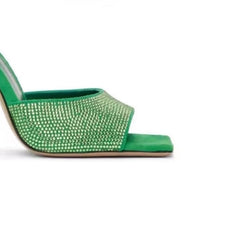 Diamante Block Heel Satin Mules Sandals