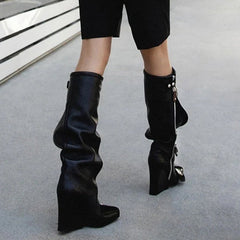 Zip Leather Knee High Boots