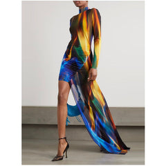 Printed Asymmetric Hem Evening Dress Gown