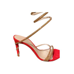 Diamante Ankle Wrap Mid Heel Sandals - 8cm