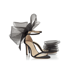 Asymmetric Bow Embellished Satin Mid Heel Sandals