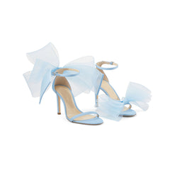 Asymmetric Bow Embellished Satin Mid Heel Sandals