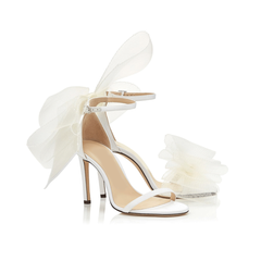 Asymmetric Bow Embellished Satin Mid Heel Sandals