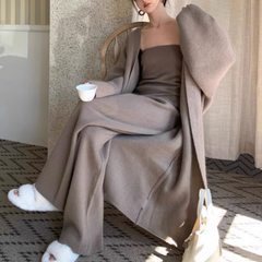 Knitwear Tube Top And Wide Leg Pants And Cardigan