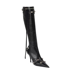 Studded And Buckled Leather Knee High Boots