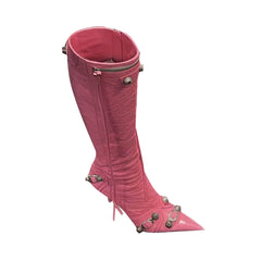 Studded And Buckled Leather Knee High Boots