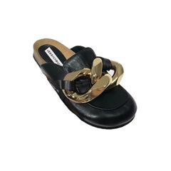 Chain Embellished Leather Flat Slippers Slides