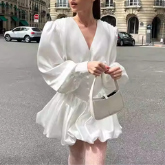 Puff Sleeves V Neck Mini Dress