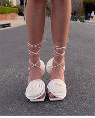 Flower Lace Up Mid Heel Sandals