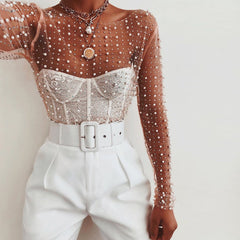 Pearl Embellished See-Through Top
