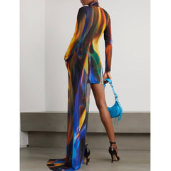 Printed Asymmetric Hem Evening Dress Gown