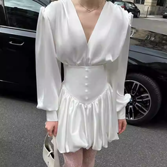 Puff Sleeves V Neck Mini Dress