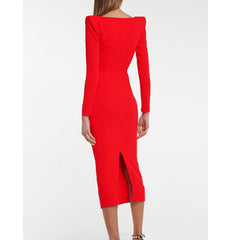 Square Collar Long Sleeves Evening Dress Gown