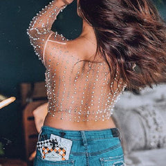 Pearl Embellished See-Through Top