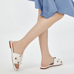 Studded Leather Flat Slippers Slides