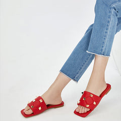 Studded Leather Flat Slippers Slides