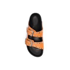 Buckled Studded Leather Flat Slippers Slides