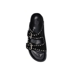 Buckled Studded Leather Flat Slippers Slides