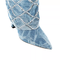 Sequinned Square Denim Knee High Boots