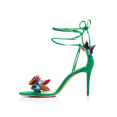 Butterfly Embellished Lace Up Mid Heel Sandals - 7