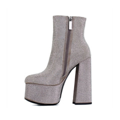 Diamante Block Heel Platform Ankle Boots