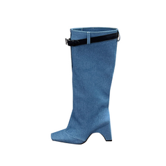 Buckled Denim Knee High Boots