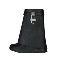 Lock Detailed Wedged Heel Leather Ankle Boots