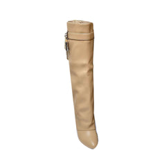 Lock Detailed Leather Wedged Heel Knee High Boots