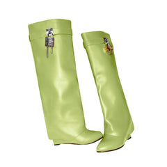 Lock Detailed Leather Wedged Heel Knee High Boots