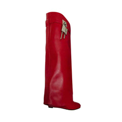 Lock Detailed Leather Wedged Heel Knee High Boots