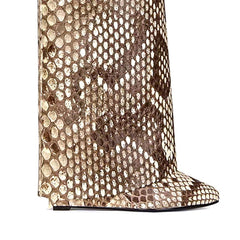 Lock Detailed Leather Wedged Heel Knee High Boots